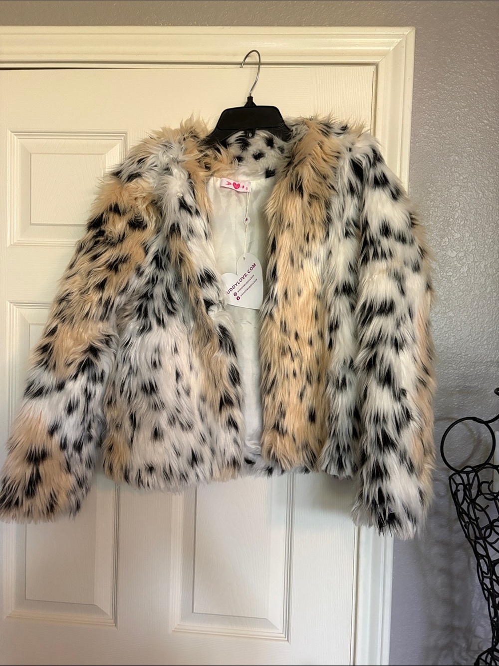 Buddy Love Faux Fur Spotted Jacket in Cream, Black & Tan - Picture 1 of 4